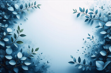 Poster - Blue leaves and branches gracefully frame a bright white space, creating a natural border. Delicate and elegant design element with a beautiful botanical backdrop.