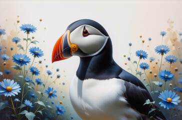 Aufkleber - A charming puffin with a colorful beak stands amidst a field of vibrant blue daisy-like flowers in a soft, painterly style.