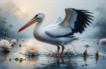 Poster - A white pelican with black-tipped wings stands elegantly in a pond among blooming water lilies during a soft sunset or sunrise.