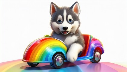 Husky im Regenbogen Auto