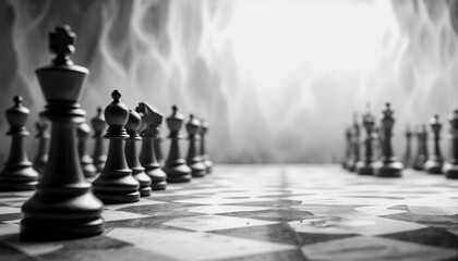 Poster - Chess pieces are positioned on a chessboard, ready for a strategic game.  A bright light shines in the background, creating a dramatic, focused scene.
