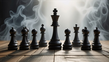 Poster - Black chess pieces are arranged on a wooden chessboard, highlighted against a blurred, smoky background. The king piece stands prominently in the center.