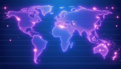 Poster - glowing world map illustration with bright dots scattered across continents. a network concept with 