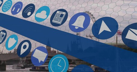 Poster - Animation of digital communication icons floating over cityscape with ferris wheel