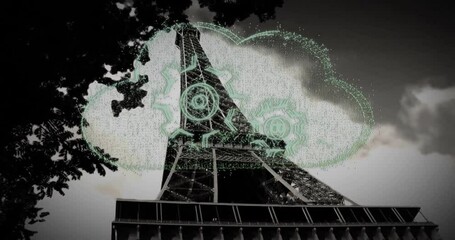 Poster - Eiffel Tower with digital cloud and gears animation overlaying structure