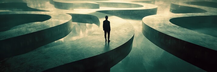 A person stands in a dark maze with light shining in the background.