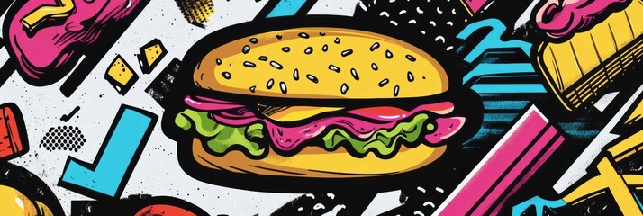 Poster - Memphis style pop-art composition with floating abstract food shapes and colorful geometric elements