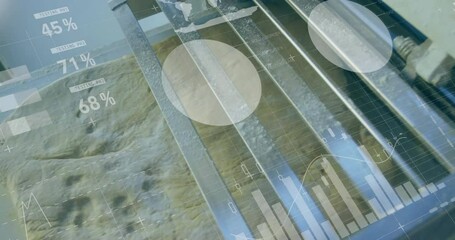 Poster - Data visualization animation over aerial view of landscape with charts and graphs