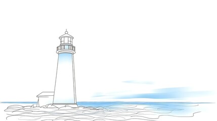 Wall Mural - A serene watercolor depiction of a lighthouse standing on a rocky shore, surrounded by calm waters and a light sky.