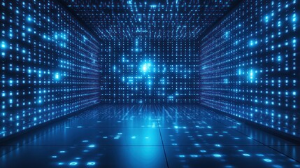 Digital data room, glowing binary code walls, reflective floor, future tech background, website banner