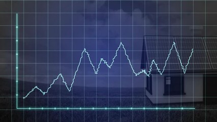 Poster - Animation showing fluctuating data with house featuring solar panels in background
