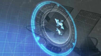 Poster - Rotating animation with futuristic digital interface over solar panels in field