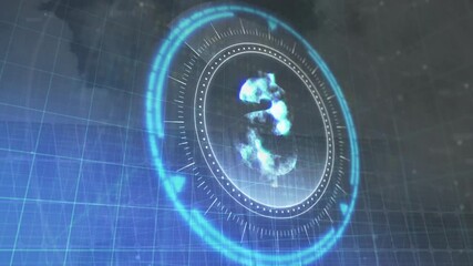Poster - Rotating blue holographic elements on digital interface with grid background animation