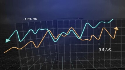 Poster - Graphs showing fluctuating data over solar panels in digital animation
