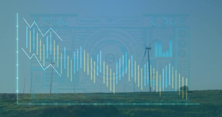 Poster - Wind turbines turning in field with animated data graph overlay in foreground