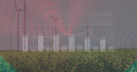 Poster - Wind turbines in field with data charts and graphs overlay animation