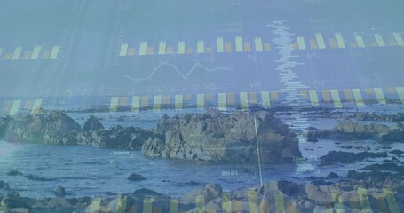 Poster - Data visualization animation over rocky coastal landscape with ocean waves