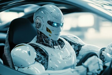 Aufkleber - Highly detailed 3D-rendered robot driving a futuristic car with mechanical sophistication and realistic reflections