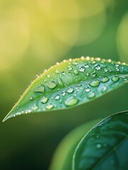 Poster - Close-up of fresh green tea leaf glistening with dewdrops in beautiful natural light amidst a tea plantation backdrop