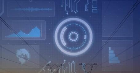 Poster - Viewing futuristic animation with data charts and graphs over power lines