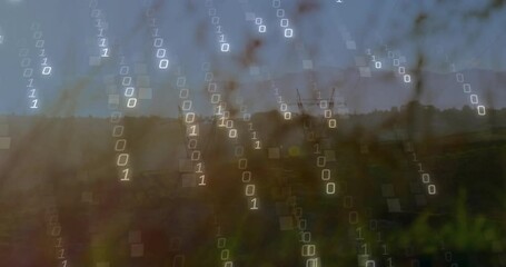 Poster - Binary code animation over scenic landscape with trees and hills