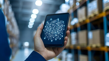 Poster - Person Holding Smartphone Showing Data Graphic in Warehouse