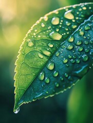 Aufkleber - Close-up view of fresh green tea leaf with dewdrops glistening in natural light amid tea plantation background during early morning