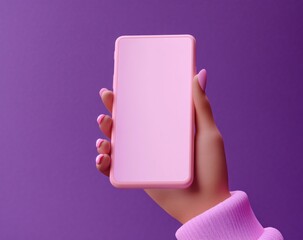 Wall Mural - 3d render minimalist hand holding smartphone blank screen purple background soft lighting mockup