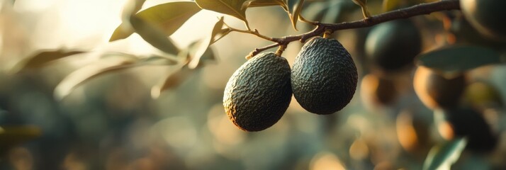 Poster - Ripened avocados hang from a branch in a sun-drenched orchard surrounded by lush greenery