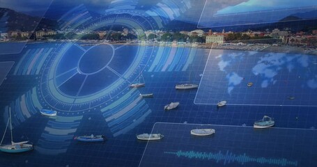 Poster - Digital interface animation over boats floating on calm blue water near coastline