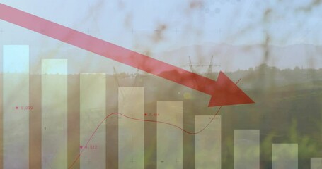 Poster - Animation of red downward arrow and bar graph over power lines in landscape