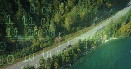 Poster - Car driving on forest road with digital binary code overlay animation