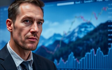 Aufkleber - Focused businessman in suit, serious expression, looks at camera.  Financial data charts on screen background.  Analysis, strategy, and market trends visible.