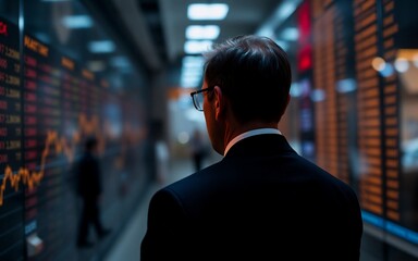 Aufkleber - A man in a suit and glasses attentively observes stock market tickers on large screens. The scene is set in a blurred office environment, suggesting financial analysis and business activities.