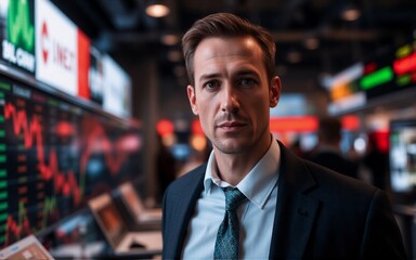 Aufkleber - Confident man in suit stands before financial screens displaying graphs. He is in a professional setting, possibly a trading floor or business office.