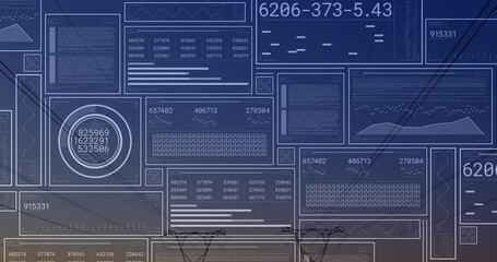 Poster - Animation of digital data overlaying power lines against sunset sky backdrop