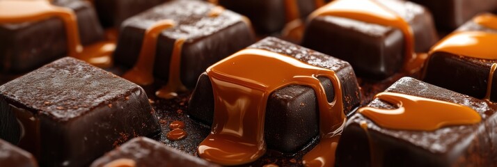 Poster - Luxurious dark chocolate squares with caramel drips create a captivating dessert experience in soft golden light