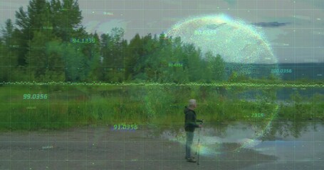 Poster - Man standing near lake with digital data and globe animation overlay