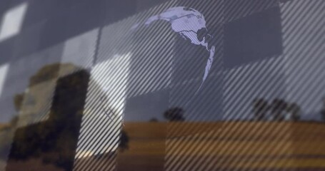 Poster - Animation of digital globe with location names overlaying landscape and trees