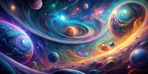 Wall Mural - A Vibrant Cosmic Tapestry of Planets, Nebulae, and Celestial Swirls in a Fantastical Universe