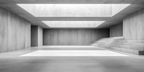 Modern minimalist concrete room with industrial brutalist design and diffused light recess for abstract interior concept