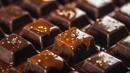 Poster - Indulgent dark chocolate squares with caramel drips and glistening textures in soft golden light