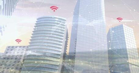 Poster - Digital network connections and Wi-Fi symbols overlay modern skyscrapers in animation