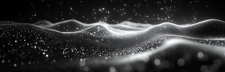 Poster - Abstract Digital Landscape of Particle Waves with Futuristic Technology and Ethereal Atmosphere