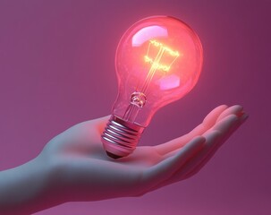 Poster - 3D Hand Holding Glowing Light Bulb on Soft Purple Background