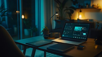 Poster - Laptop with smart home interface on a desk at night, illuminated by a desk lamp. Plants and a cozy atmosphere enhance the scene, suggesting remote work or home automation.