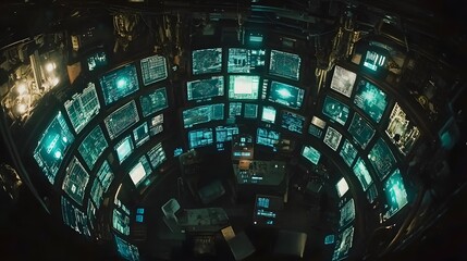 Poster - A futuristic control room filled with numerous computer screens displaying complex data and graphics. The room is dark, illuminated only by the screens' teal glow. An immersive, high-tech environment.