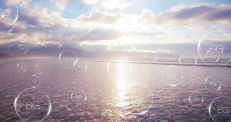 Poster - Floating 6G network symbols over ocean during sunrise animation in school project