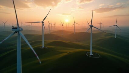 Gorgeous wind farm displaying an array of turbines against a stunning sky creating a visual representation of clean energy and the beautiful relationship between nature and technology