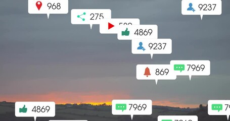Poster - Floating animation of social media notifications over scenic sunset landscape
